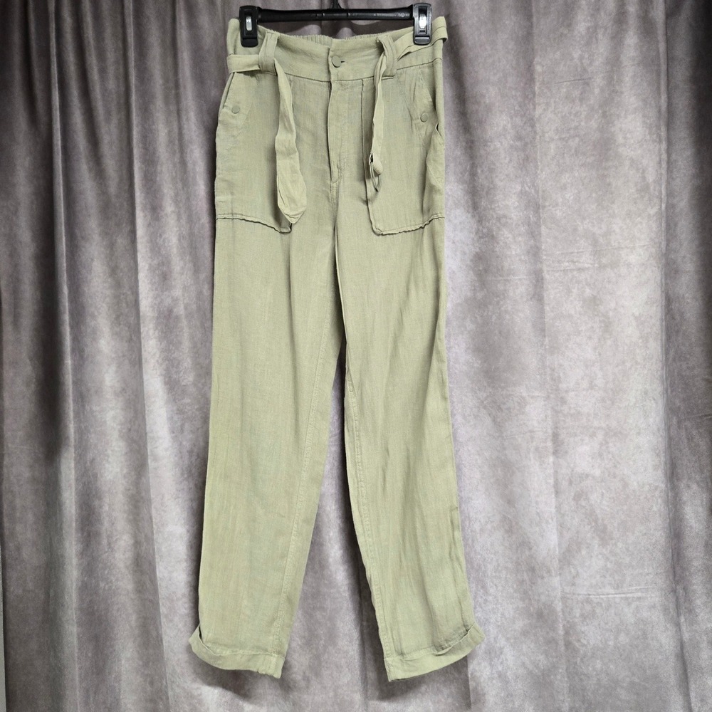 Tahari 100% Linen Paperbag Waist Utility Pants  Pockets Sage Green Womens Size S